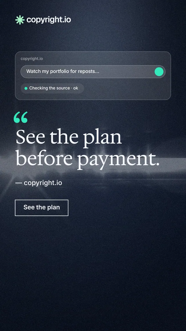Instagram story for copyright.io: "See the plan before payment." Dark deco style, quote layout, dark palette in blue, black, grey.