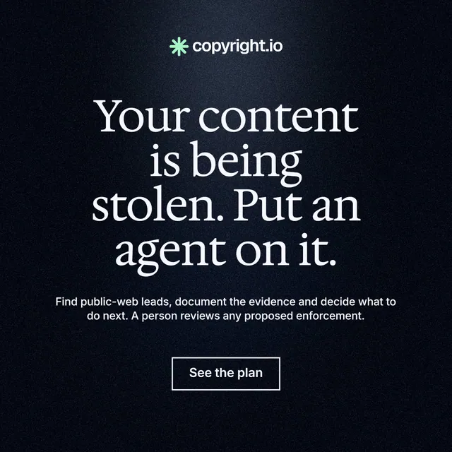 Instagram post for copyright.io: "Your content is being stolen. Put an agent on it." Dark deco style, centred layout, dark palette in black, grey.