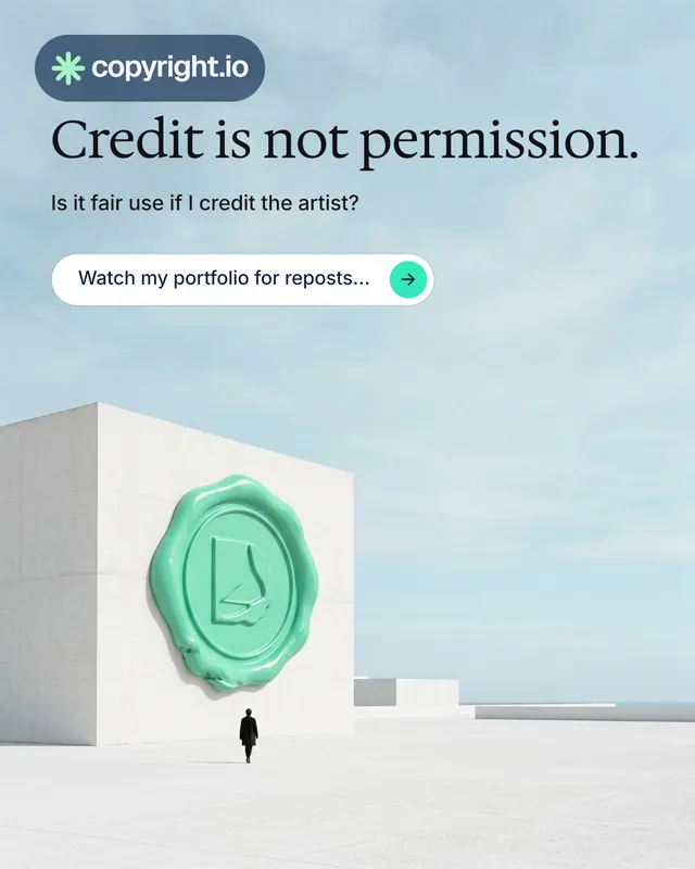 Instagram portrait post for copyright.io: "Credit is not permission." Agentic glass style, bottom layout, light palette in teal, grey, white.