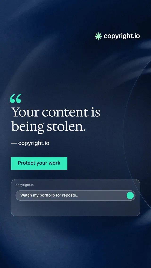 Instagram story for copyright.io: "Your content is being stolen." Swiss style, quote layout, dark palette in blue, black, teal.