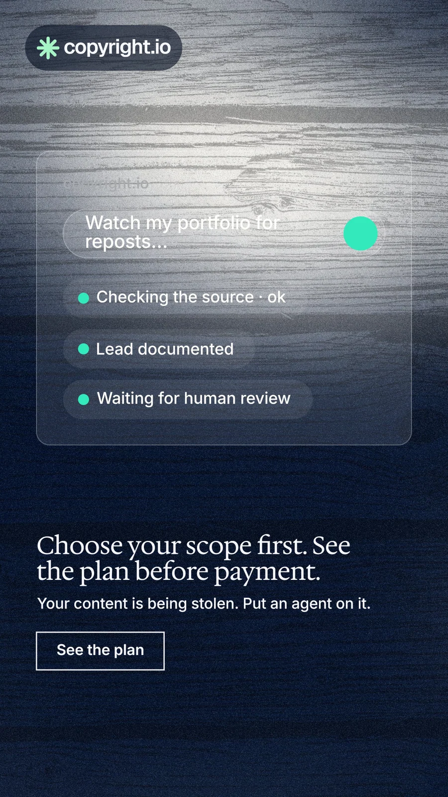 Instagram story for copyright.io: "Choose your scope first. See the plan before payment." Cyanotype style, bottom layout, dark palette in grey, black, blue.