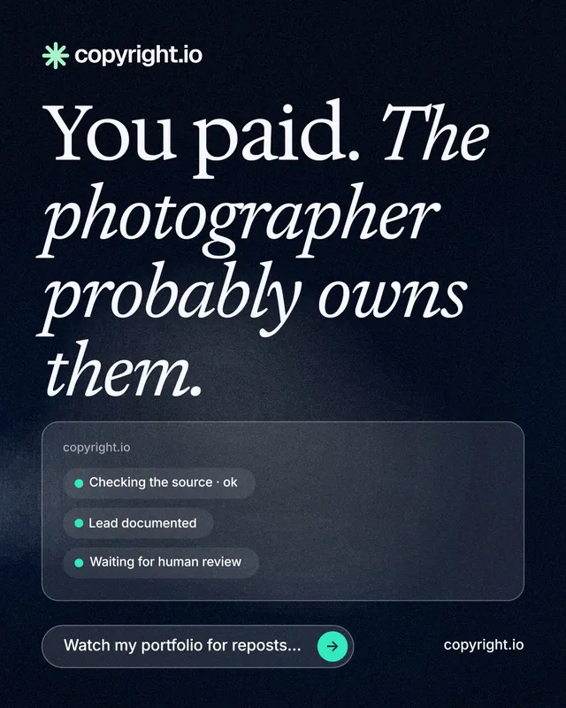 Instagram portrait post for copyright.io: "You paid. The photographer probably owns them." Thermal style, poster layout, dark palette in blue, black, grey.