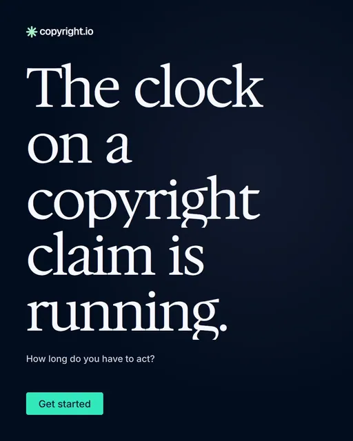 Video for copyright.io: "The clock on a copyright claim is running.". Doc motion loop, 8.0 s, dark palette.