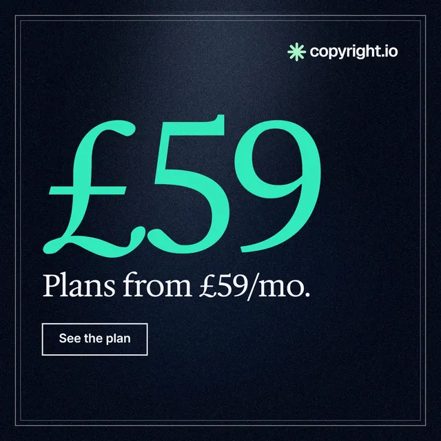 Instagram post for copyright.io: "Find your reposted work." Dark deco style, stat layout, dark palette in black, teal.