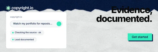 X header for copyright.io: "Evidence, documented." Paper trio style, right layout, light palette in teal, blue, white.