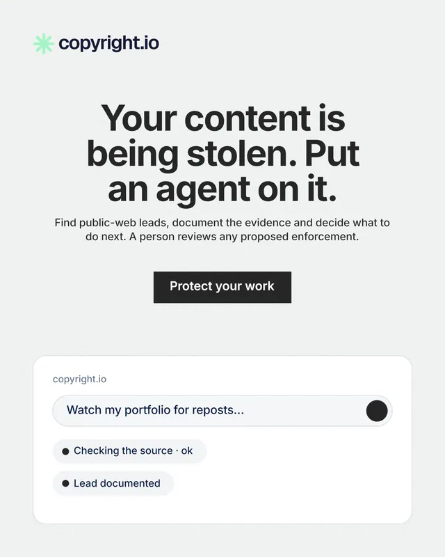 Instagram portrait post for copyright.io: "Your content is being stolen. Put an agent on it." Swiss style, centred layout, light palette in white, grey.