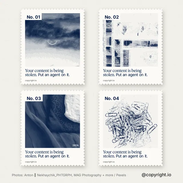 Instagram post for copyright.io: "Your content is being stolen. Put an agent on it." Sheet style, technique:stamp series layout, light palette in white, grey.