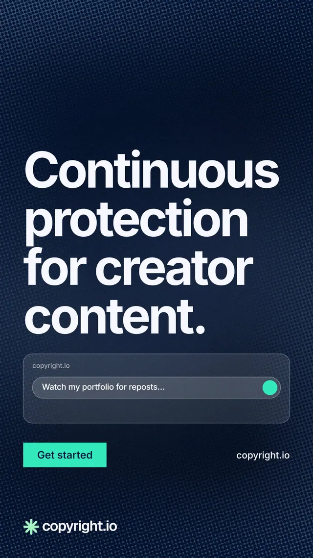 Instagram story for copyright.io: "Continuous protection for creator content." Swiss style, poster layout, dark palette in black, blue, grey.
