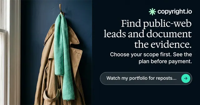 Social ad for copyright.io: "Find public-web leads and document the evidence." Agentic glass style, right layout, dark palette in black, grey.