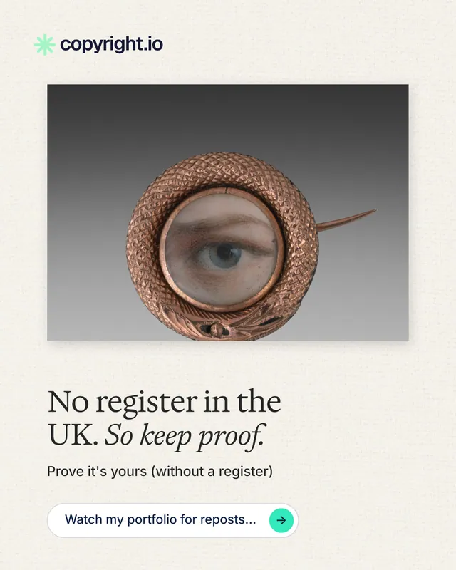 Instagram portrait post for copyright.io: "No register in the UK. So keep proof." Agentic glass style, bottom layout, light palette in grey, white.
