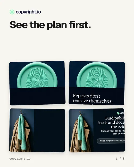 Carousel for copyright.io: "See the plan first.". Collection carousel, 8 slides, light palette.
