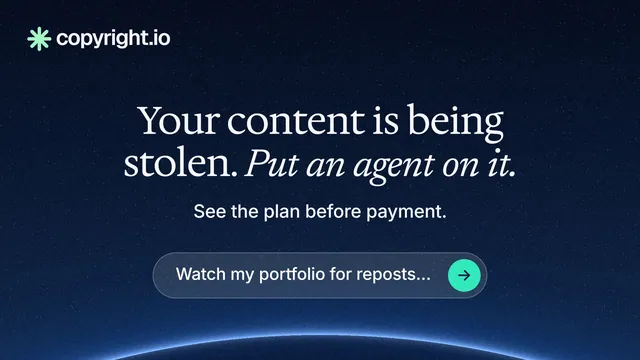 Landscape graphic for copyright.io: "Your content is being stolen. Put an agent on it." Agentic glass style, centred layout, dark palette in blue, black.