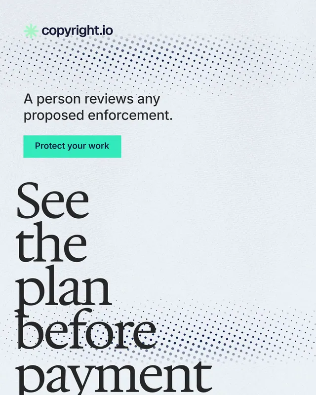 Instagram portrait post for copyright.io: "See the plan before payment." Swiss style, oversized layout, light palette in white, blue, grey.