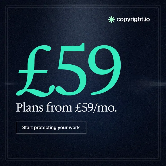 Instagram post for copyright.io: "Find your reposted work." Dark deco style, stat layout, dark palette in blue, black, teal.