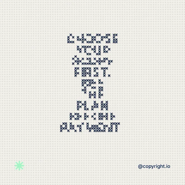 Instagram post for copyright.io: "Choose your scope first. See the plan before payment." Stitch style, technique:raster type fx layout, light palette in white, grey.