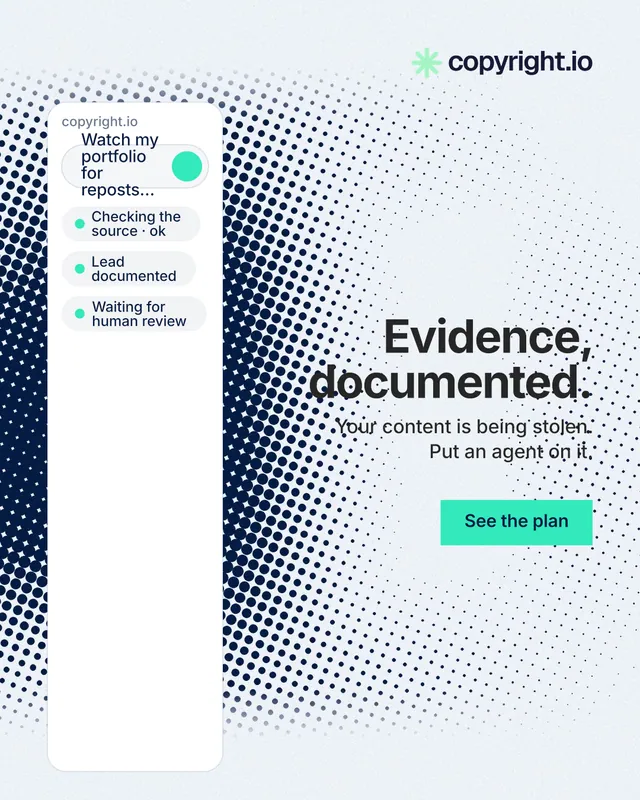 Instagram portrait post for copyright.io: "Evidence, documented." Swiss style, right layout, light palette in white, blue, grey.