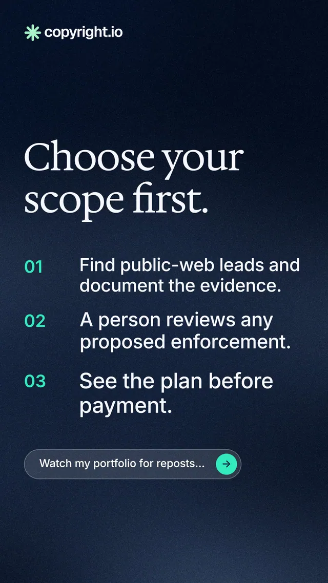 Instagram story for copyright.io: "Choose your scope first." Agentic glass style, numbered layout, dark palette in blue, black, grey.