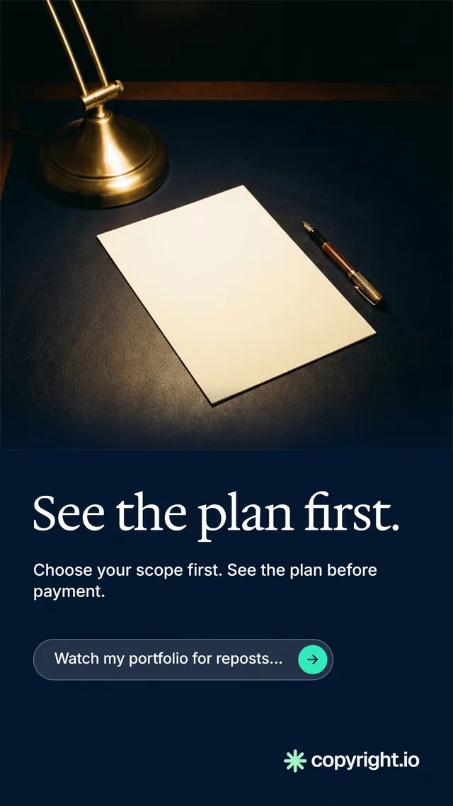 Instagram story for copyright.io: "See the plan first." Agentic glass style, bottom layout, dark palette in black, grey.