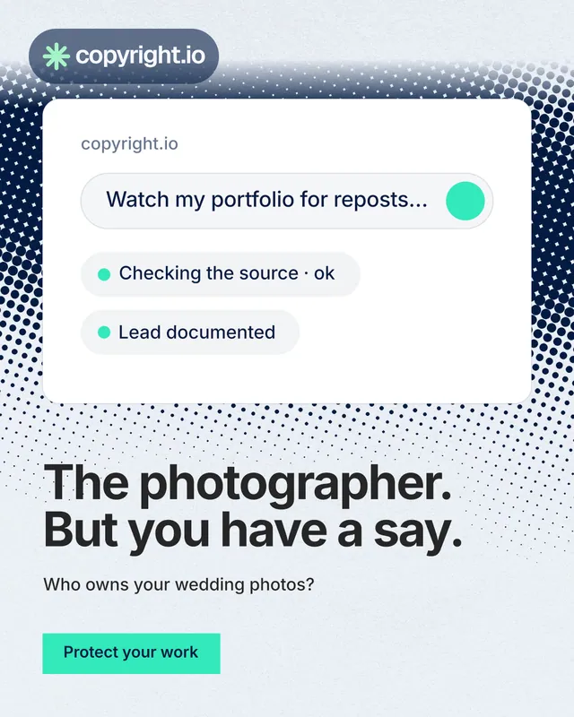 Instagram portrait post for copyright.io: "The photographer. But you have a say." Swiss style, bottom layout, light palette in white, grey, teal.
