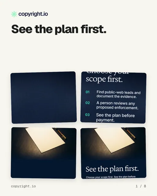 Carousel for copyright.io: "See the plan first.". Collection carousel, 8 slides, light palette.