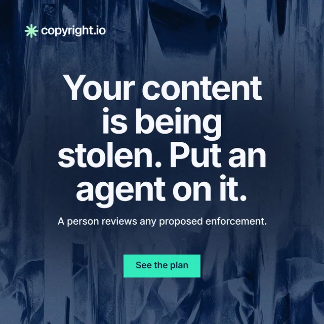 Instagram post for copyright.io: "Your content is being stolen. Put an agent on it." Swiss style, centred layout, dark palette in blue, teal.
