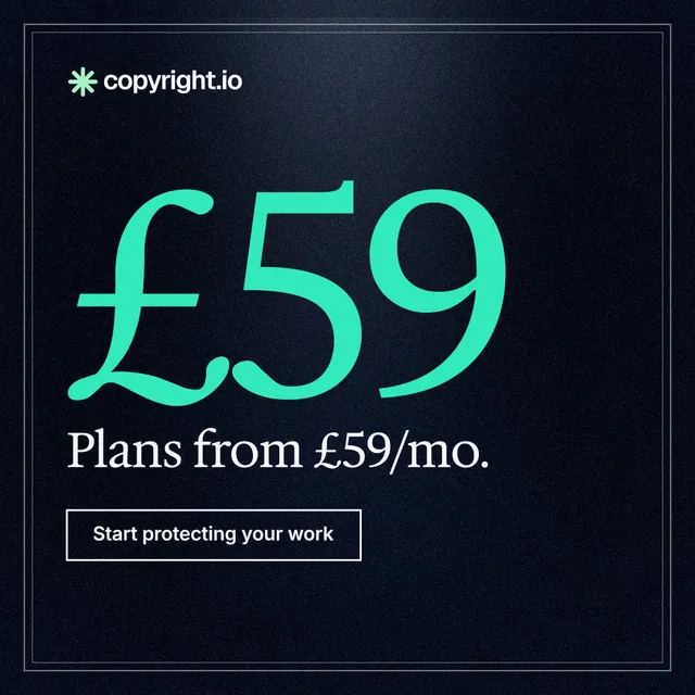 Instagram post for copyright.io: "Reposts don't remove themselves." Dark deco style, stat layout, dark palette in black, teal.