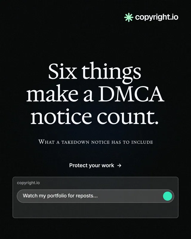 Instagram portrait post for copyright.io: "Six things make a DMCA notice count." Phosphor atlas style, smallcaps layout, dark palette in black, grey.