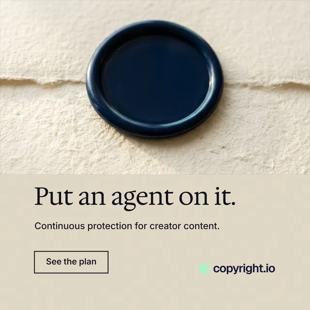 Instagram post for copyright.io: "Put an agent on it." Editorial style, bottom layout, light palette in orange, yellow, black.