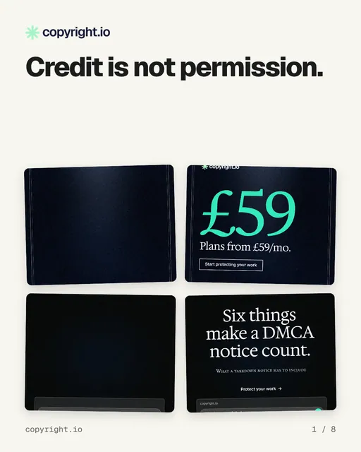 Carousel for copyright.io: "Credit is not permission.". Collection carousel, 8 slides, light palette.