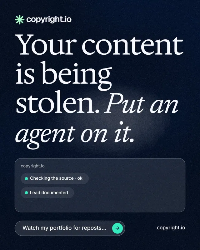 Instagram portrait post for copyright.io: "Your content is being stolen. Put an agent on it." Thermal style, poster layout, dark palette in blue, black, grey.