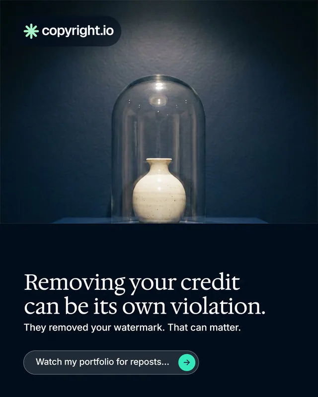 Instagram portrait post for copyright.io: "Removing your credit can be its own violation." Agentic glass style, bottom layout, dark palette in black, blue, grey.