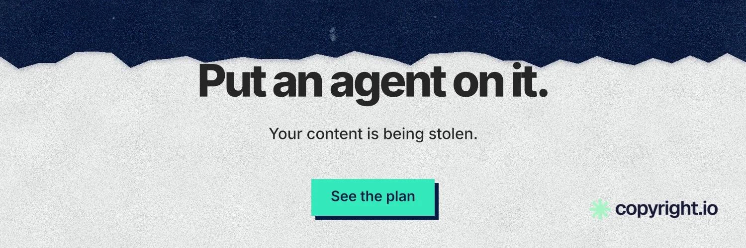 X header for copyright.io: "Put an agent on it." Paper trio style, centred layout, light palette in white, blue, grey.
