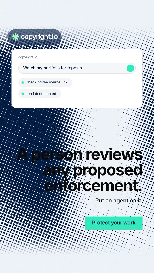 Instagram story for copyright.io: "A person reviews any proposed enforcement." Swiss style, right layout, light palette in white, blue, grey.