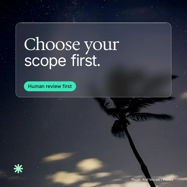Instagram post for copyright.io: "Choose your scope first." Glass style, technique:pexels ingredient layout, dark palette in black, grey.