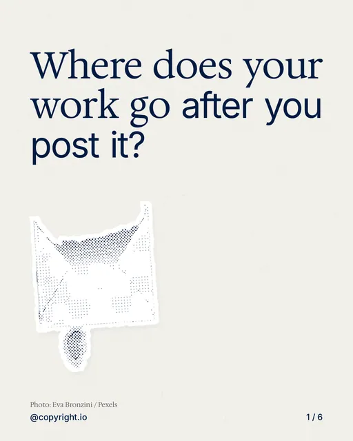 Carousel for copyright.io: "Where does your work go after you post it?". Cutout essay, 6 slides, light palette.
