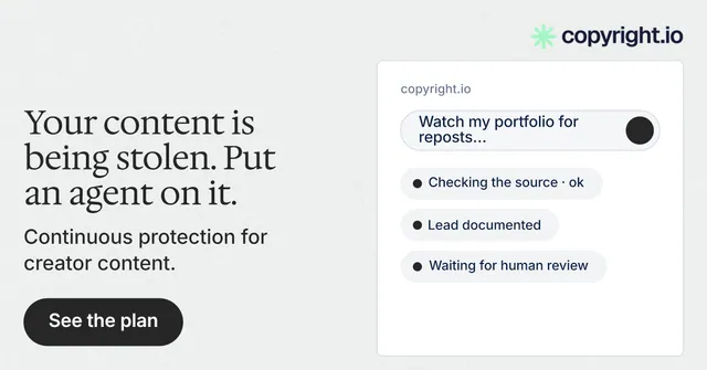 Social ad for copyright.io: "Your content is being stolen. Put an agent on it." Data card style, bottom layout, light palette in white, grey.