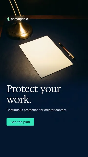 Video for copyright.io: "Protect your work.". Doc motion loop, 8.0 s, dark palette.