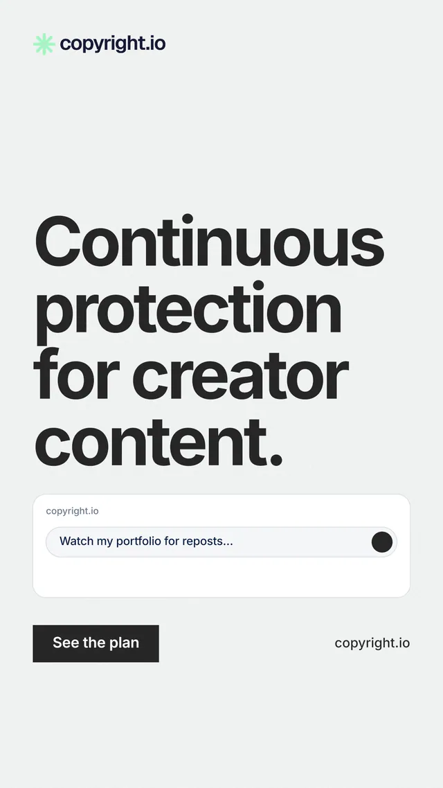 Instagram story for copyright.io: "Continuous protection for creator content." Swiss style, poster layout, light palette in white, grey.