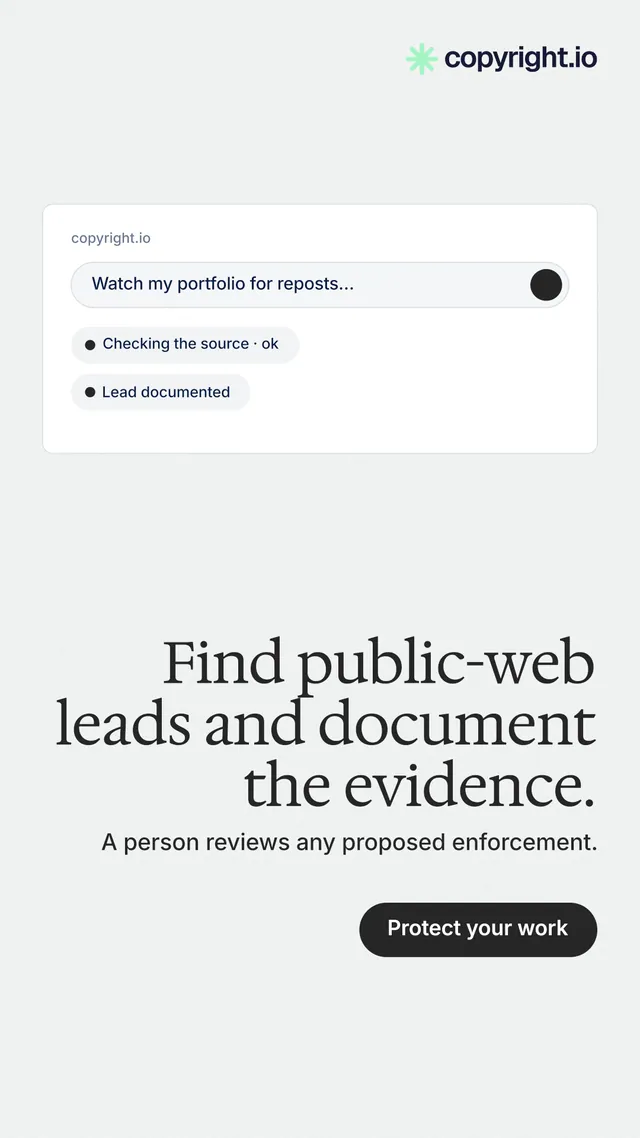 Instagram story for copyright.io: "Find public-web leads and document the evidence." Data card style, right layout, light palette in white.