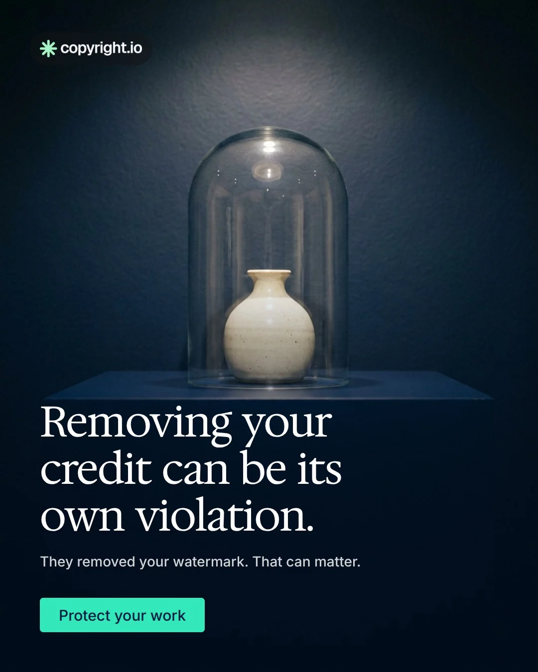 Video for copyright.io: "Removing your credit can be its own violation.". Doc motion loop, 6.0 s, dark palette.