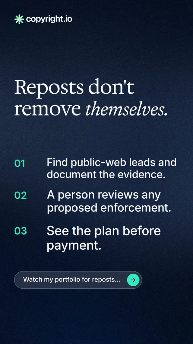 Instagram story for copyright.io: "Reposts don't remove themselves." Agentic glass style, numbered layout, dark palette in blue, black.