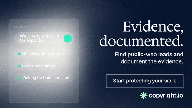 Landscape graphic for copyright.io: "Evidence, documented." Cyanotype style, right layout, dark palette in grey, black, blue.