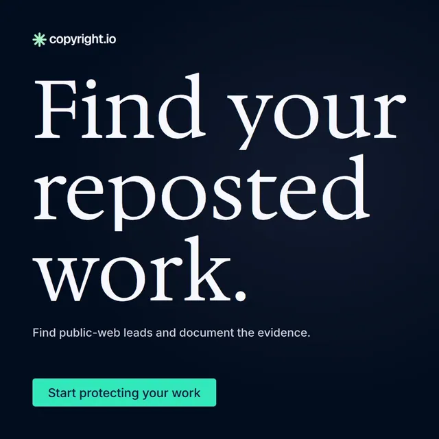 Video for copyright.io: "Find your reposted work.". Doc motion loop, 7.0 s, dark palette.