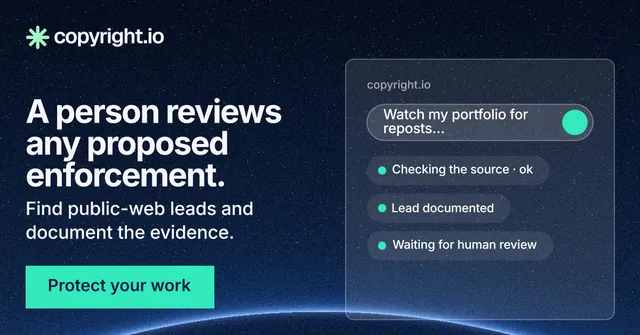 Social ad for copyright.io: "A person reviews any proposed enforcement." Swiss style, bottom layout, dark palette in black, blue, teal.