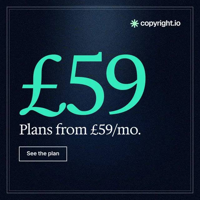 Instagram post for copyright.io: "Choose your scope first." Dark deco style, stat layout, dark palette in black, teal.