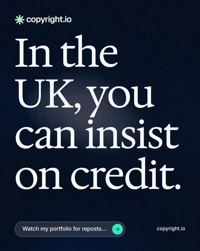 Instagram portrait post for copyright.io: "In the UK, you can insist on credit." Thermal style, poster layout, dark palette in black, blue, grey.