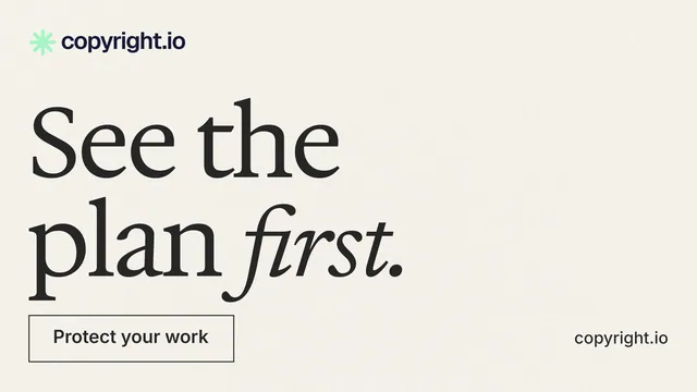 Landscape graphic for copyright.io: "See the plan first." Editorial style, poster layout, light palette in white, grey.