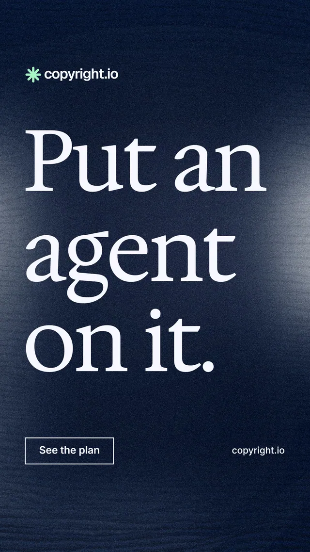 Instagram story for copyright.io: "Put an agent on it." Cyanotype style, poster layout, dark palette in blue, black, grey.