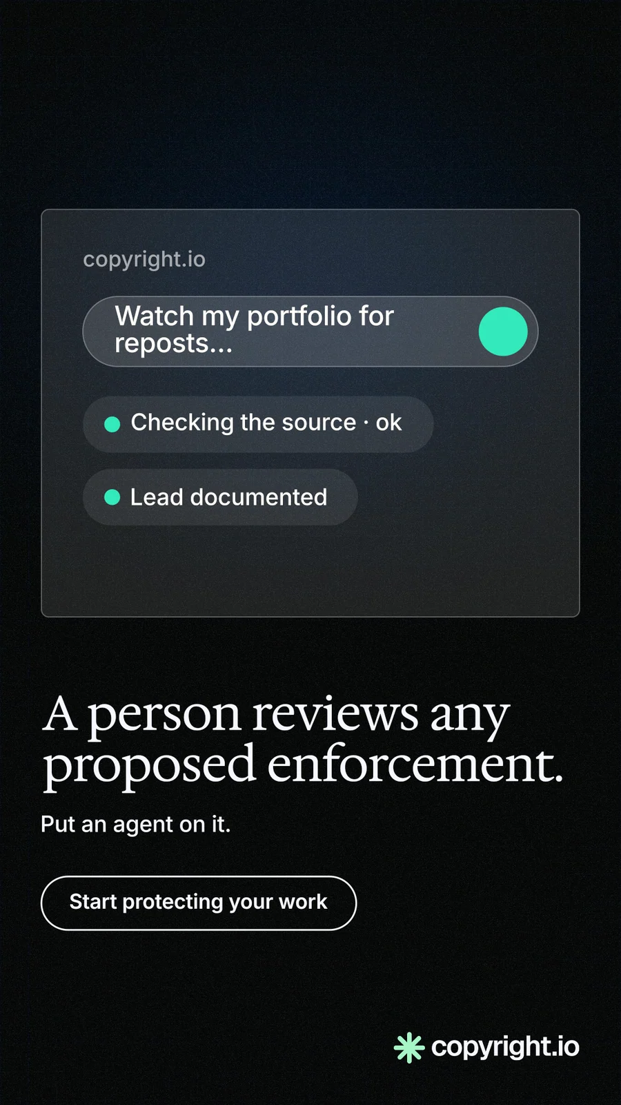 Instagram story for copyright.io: "A person reviews any proposed enforcement." Phosphor atlas style, bottom layout, dark palette in black.