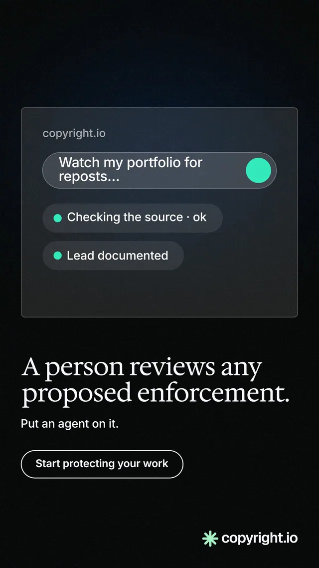 Instagram story for copyright.io: "A person reviews any proposed enforcement." Phosphor atlas style, bottom layout, dark palette in black.
